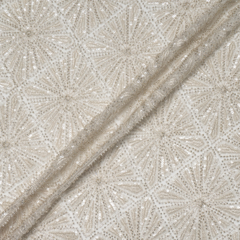 Ecru Geometric Hand Beaded Tulle