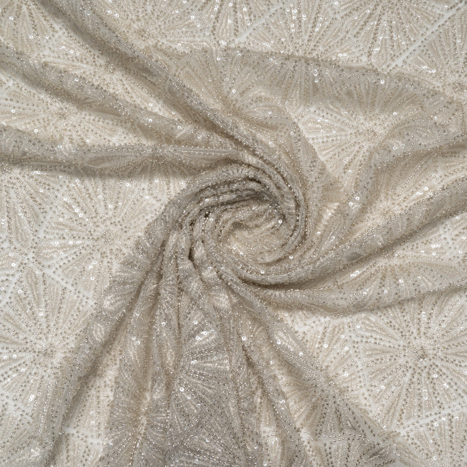 Ecru Geometric Hand Beaded Tulle
